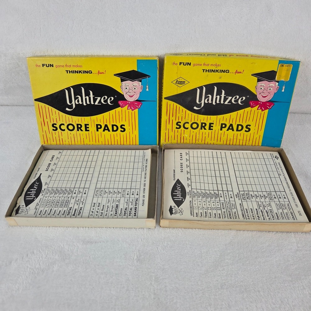 Vintage 1956 Yahtzee Score Pads Lot of 2 Original Art Boxes E.S. Lowe Company